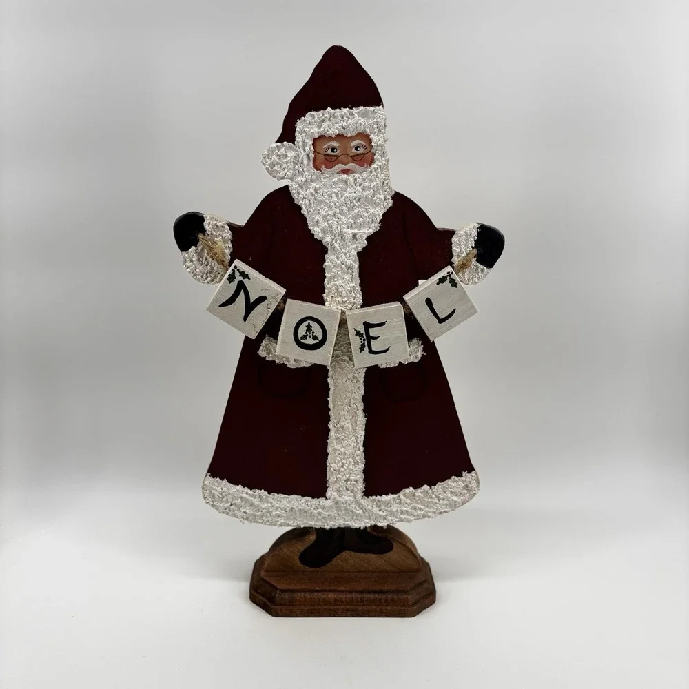 VTG Folk Art Hand Painted Noel Wooden Santa Rustic Christmas 15